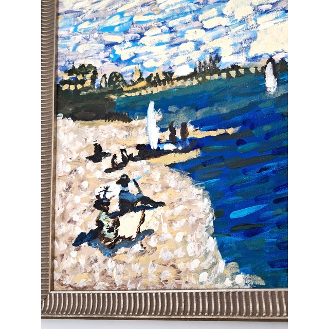1990s Hand-Painted Acrylic Impasto Seashore Painting With Sailboats and Black Beachgoers For Sale - Image 5 of 11