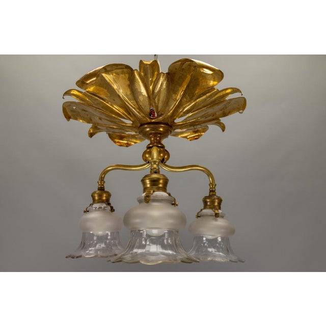 French Art Nouveau Brass and Glass Three-Light Flush Mount Ceiling Light, 1920 For Sale - Image 9 of 18
