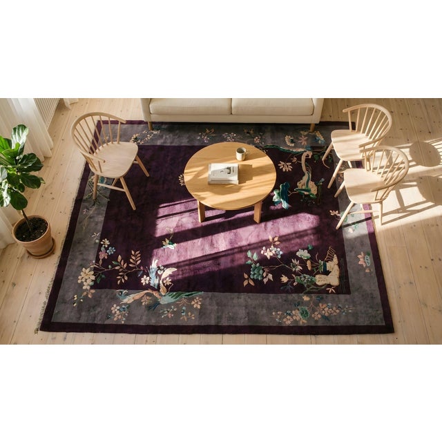 Textile 1920s Purple Gray Floral Handknotted Antique Chinese Art Deco Rug 8' X 10'10" Wool Carpet For Sale - Image 7 of 8