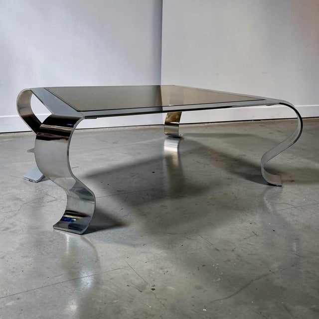 1980s French Mid-Century Francois Monnet Chrome and Smoked Glass Low Coffee Table For Sale - Image 5 of 6