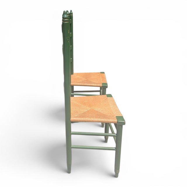 Green Vintage Rustic Farmhouse Green Ladderback Chairs With Rush Seats- A Pair For Sale - Image 8 of 15