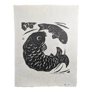 Mid-Century Japanese Koi Fish Woodblock Print by Tomisaburo Hasegawa, Signed For Sale