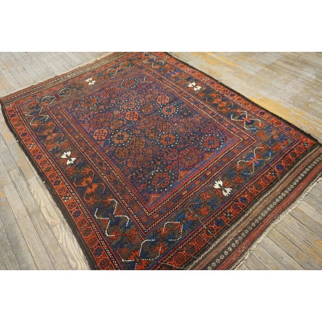 1890s Blue Navy Geometric Tribal Antique Afghan Baluch Carpet 4'4" X 6'9" Knotted Wool Rug For Sale - Image 4 of 12