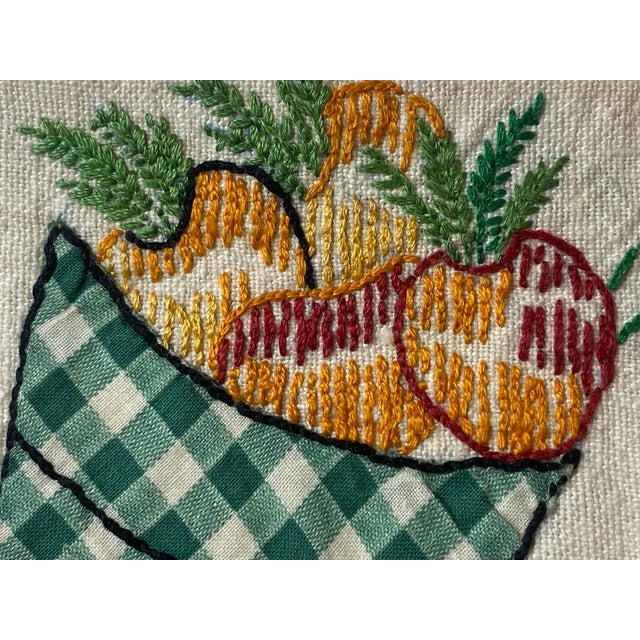 Textile Vintage Linen Tea Towels Set: 1950s Appliqué Veggie Carts, Hand Embroidered - a Pair For Sale - Image 7 of 9