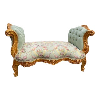 Vintage French Louis XVI Style Sofa Settee in Gilded Beech With Pistachio Green Damask Upholstery For Sale