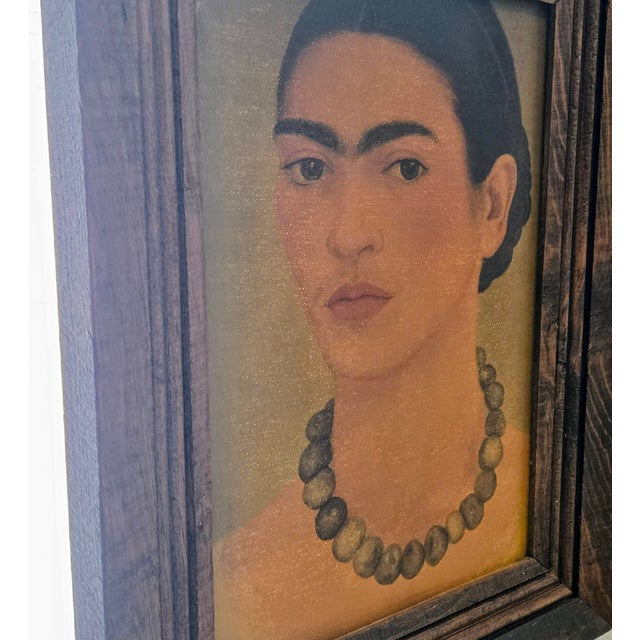 Mid-Century Turista Mexican Folk Art: Frida Kahlo "Self-Portrait With Necklace" (1933) Lithograph on Canvas - Rustic Pine Frame For Sale - Image 4 of 11