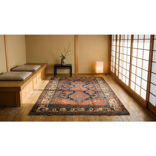 1930s Blue Navy Medallion Tribal Antique W. Persian Kurdish Rug 4' X 6'6" Knotted Wool Carpet For Sale - Image 9 of 9