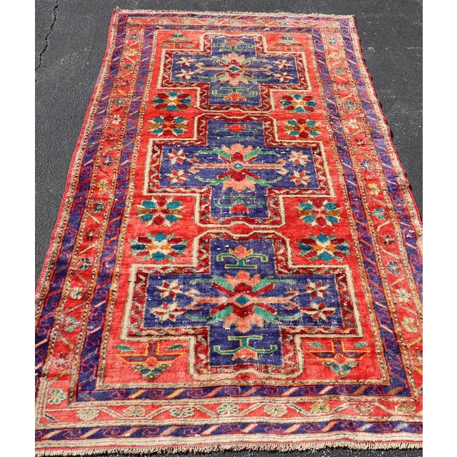 Textile Vintage Caucasian Kazak Rug With Cross Medallions in Red and Blue 4'8 X 8'2 For Sale - Image 7 of 15