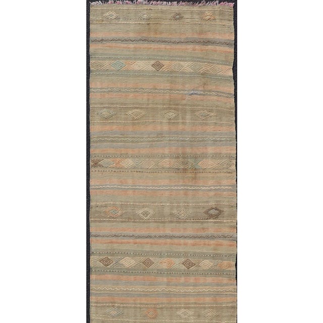 Tan Mid 20th Century Geometric Embroidered Vintage Turkish Flat-Weave Runner in Warm Tones For Sale - Image 8 of 12