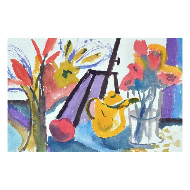 Two-sided watercolor with teapot-and-flower still life on one side and Carmel coast on the other by Les (Leslie Luverne)...