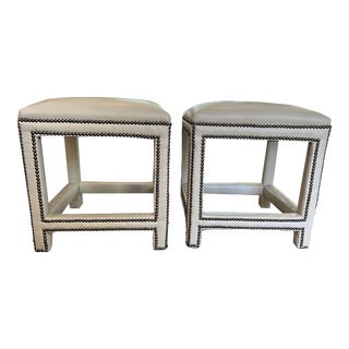 Lee Industries Cream Leather Nailhead Ottomans - Set of 2 For Sale