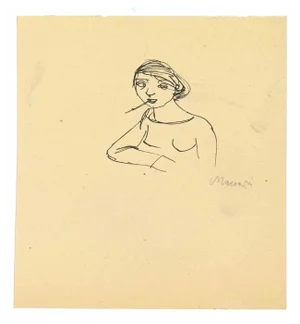 Mino Maccari, Smoking Woman, Ink Drawing, 1955