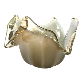 Vintage White Cristal Murano Glass Bowl – Champagne Pearled Italian Art Glass For Sale