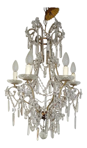 French Maison Bagues Style Beaded Crystal Prisms and Flowers Chandelier