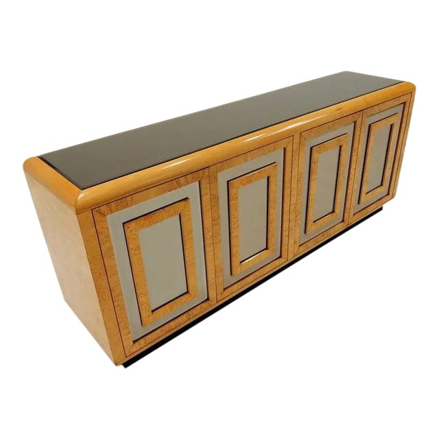 1970s Romweber Mirrored Burl Wood Buffet Cabinet For Sale