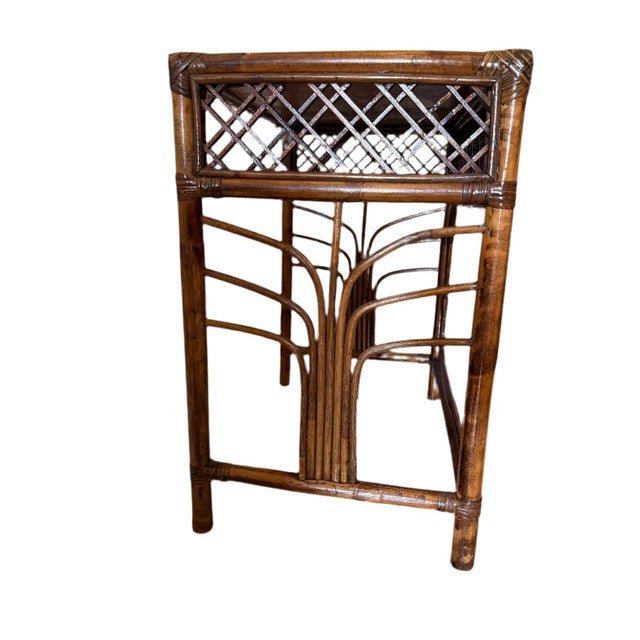 Vintage Burnt Bamboo Side Table. Chinese Export Style With Fretwork Apron. Dimension: 24.5” H x 23.5” W x 15.5” D On...