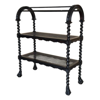 Mid 20th Century Spanish Wooden Magazine Rack with Marquetry or Etagere with cane shelves For Sale