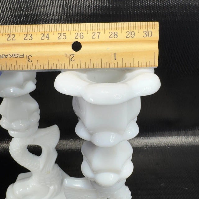 1990s Vintage Westmoreland White Milk Glass Dolphin Serpent Koi Fish Candlesticks-Set of 2 For Sale - Image 5 of 7