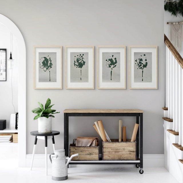 Wood Set of 4 - One-of-a-Kind Dark Green Botanical Organic Modern Original Oil Paintings / Herbarium / Floral For Sale - Image 7 of 7