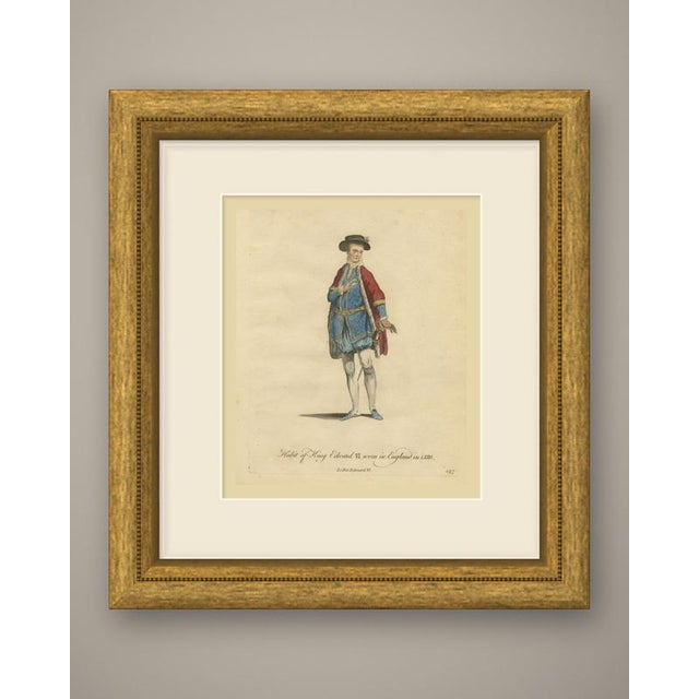 This is an original antique copper engraving with hand coloring, lettered in script "habit of king edward vi worn in...