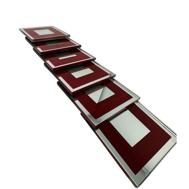 Contemporary Vintage 1980s Mirrored Glass Coasters - Maroon Border & Polished Edges - Flat Square Barware With Rubber Feet - Set of 6 For Sale - Image 3 of 11