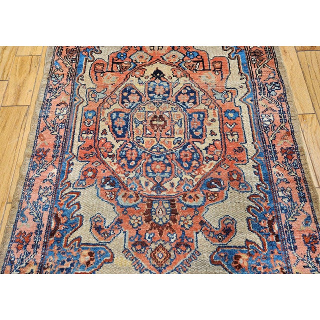 Camel Antique Persian Malayer Runner Rug, Hand-Knotted Wool, Geometric Pattern, 4x20, Ivory & Blue For Sale - Image 8 of 14