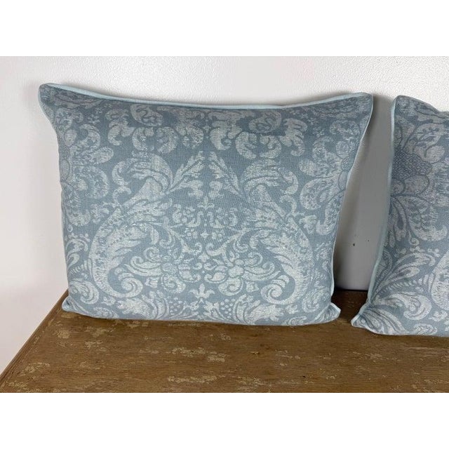 Pair of Elegant Designer Damask Pillows in Soft Blue Tones For Sale - Image 4 of 6