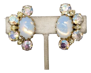Vintage 1950s Signed Hattie Carnegie Cabochon Faux-Moonstone & Aurora Borealis Clip Earrings-2 Pieces