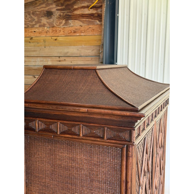 Wood Vintage British Colonial Pagoda Rattan Fretwork Diamond Weave Armoire For Sale - Image 7 of 12