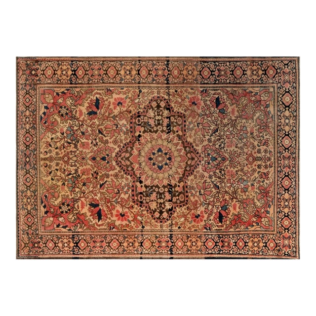 Antique Persian Tabriz Botanic Brown, Pink, Red Handmade Wool Rug For Sale