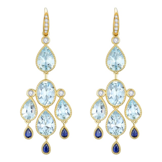 Nina Zhou Aquamarine Sapphire Diamond Chandelier Drop Earrings in 14k Gold - A Pair For Sale