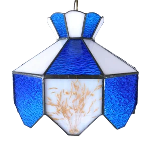 Small Vintage Mid Century Blue & White Stained Glass Wheat Sheath Pendant Chandelier