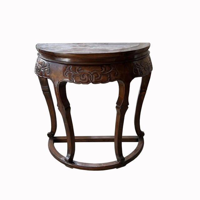 1970s Vintage Chinese Brown Flower Carving Wood Half Round Pedestal Table For Sale - Image 5 of 6