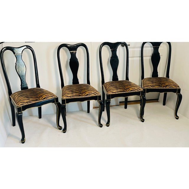 Black Mid 20th Century 4 Ebonised Queen Ann Style Dining Chairs With TapestryUpholstery For Sale - Image 8 of 11