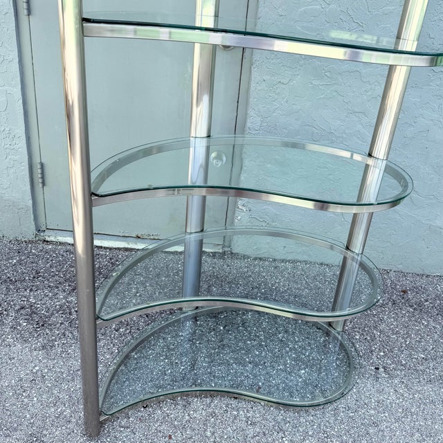 Postmodern Sculpted Brushed Metal Etagere/Bookshelf With Tear Drop Glass Shelves For Sale - Image 11 of 12