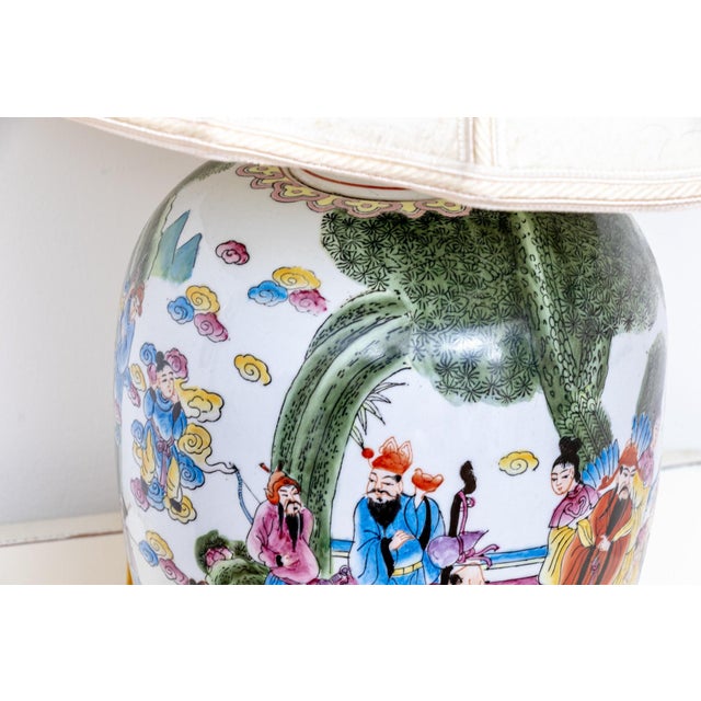 Mid 20th Century Chinese Famille Rose Porcelain Ovoid Vase Table Lamp | Celestial Court Figures | Carved Jade Finial | Mid-20th Century For Sale - Image 5 of 10