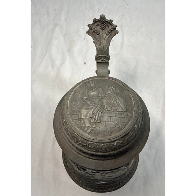 Antique Ornate 1900 Figural German Pewter Lidded Engraved Relief Beer Stein Mug For Sale - Image 13 of 15