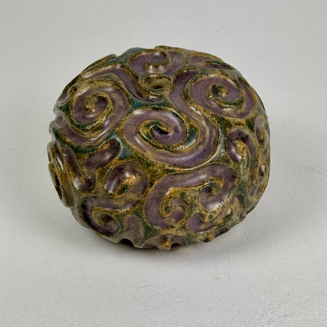 Vintage Small Round Ceramic Bud Vase With Swirl Design in Purple & Green For Sale - Image 4 of 6