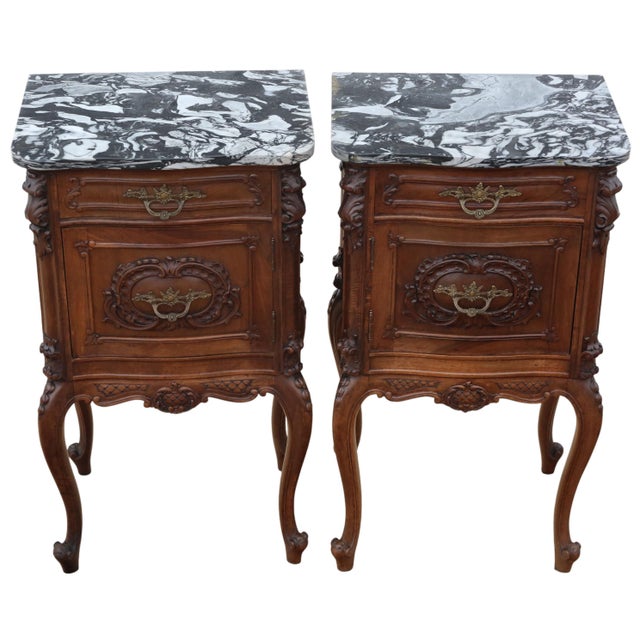 Antique Italian Walnut and Marble Bedside Tables, 1920s, Set of 2 For Sale - Image 10 of 10