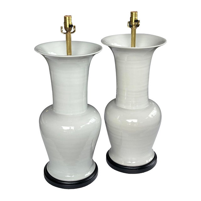 Ceramic Imposing Pair Chinese Off-White Glazed Ceramic Baluster Form Lamps For Sale - Image 7 of 14