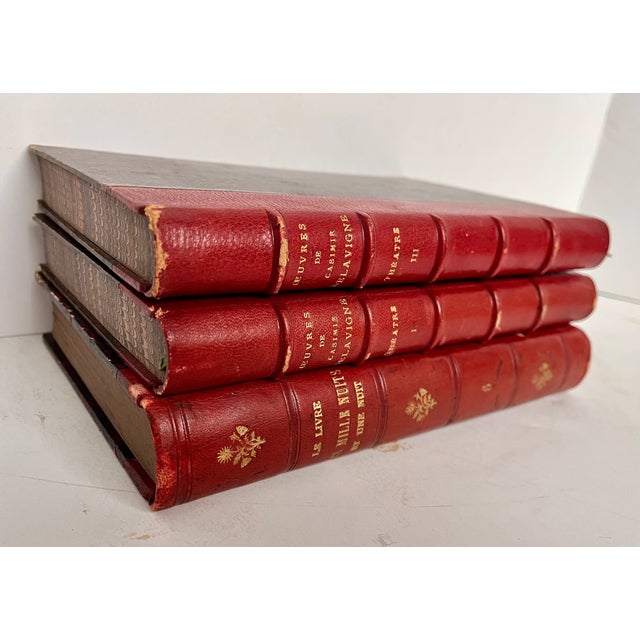 Antique French Red Leather Bound Books - Set of 3 For Sale - Image 10 of 18