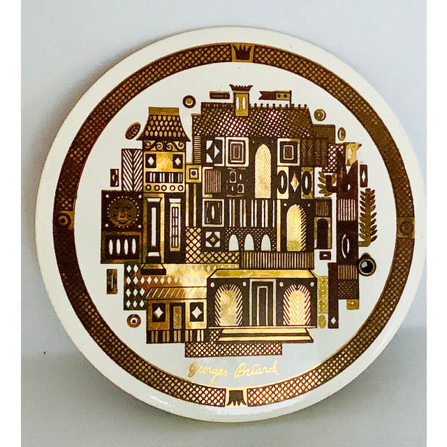 Mid 20th Century Vintage Mid-Century Modern Georges Briard Raised Gold on Porcelain Trivet For Sale - Image 5 of 11