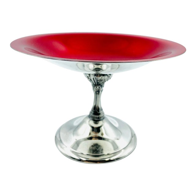 Vintage Reed & Barton Silver Plate & Ruby Red Enamel Pedestal Compote For Sale