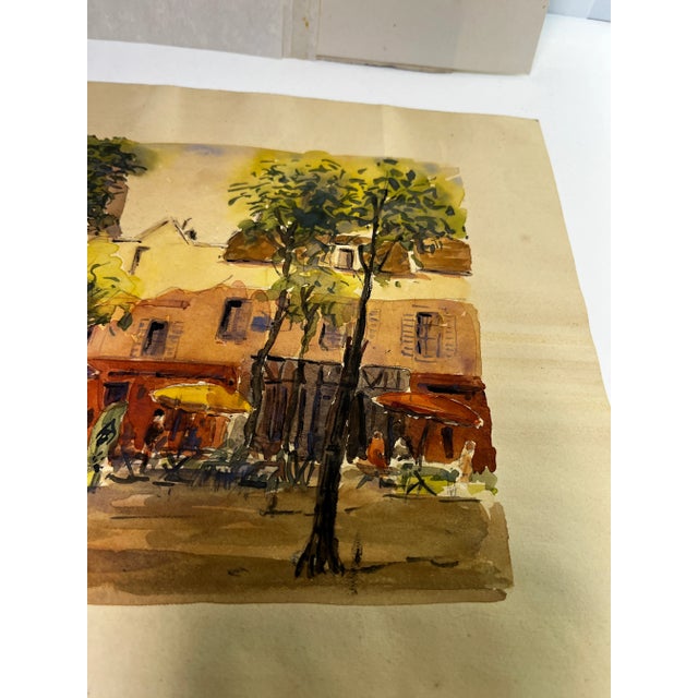 Shabby Chic Vintage Place Du Tertre Paris Watercolor Painting For Sale - Image 3 of 3