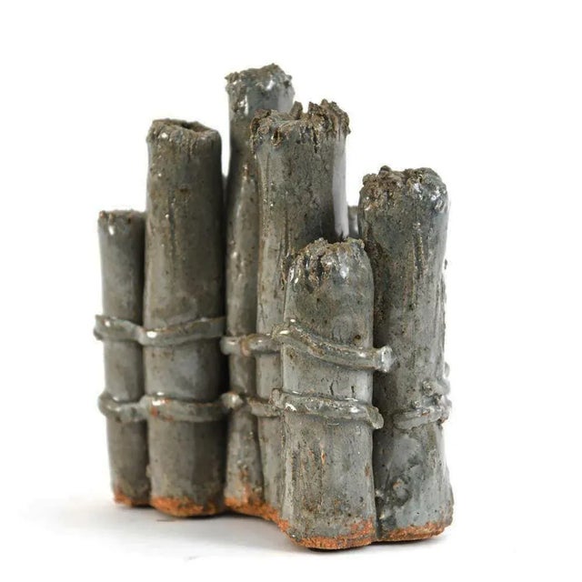 Signed Abstract Studio Ceramic Sculpture 7.75 x 6.5 x 4 in. Signed underneath with flower