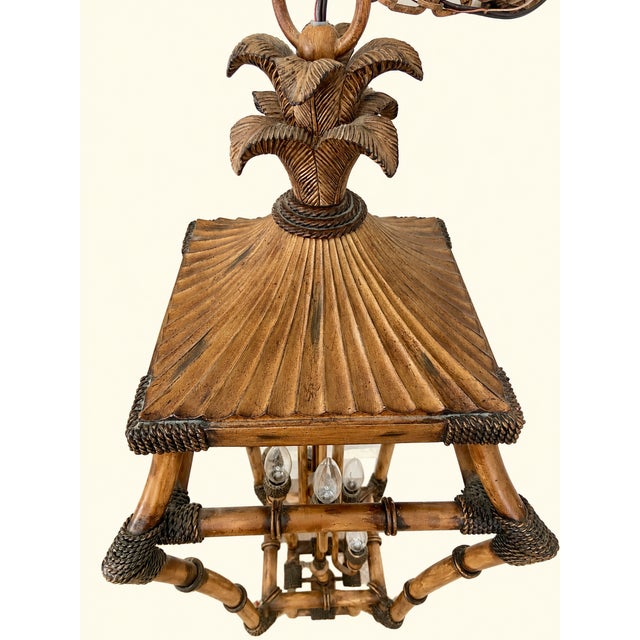 Metal Vintage Mid-Century Faux Bamboo & Rattan Pagoda Hanging Lantern Pendant Chandelier For Sale - Image 7 of 8