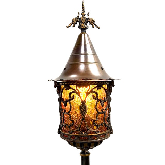 Spanish Revival 1920s Cast Bronze Spanish Revival Floor Lamp With Original Crackle Glass #2613 For Sale - Image 3 of 8