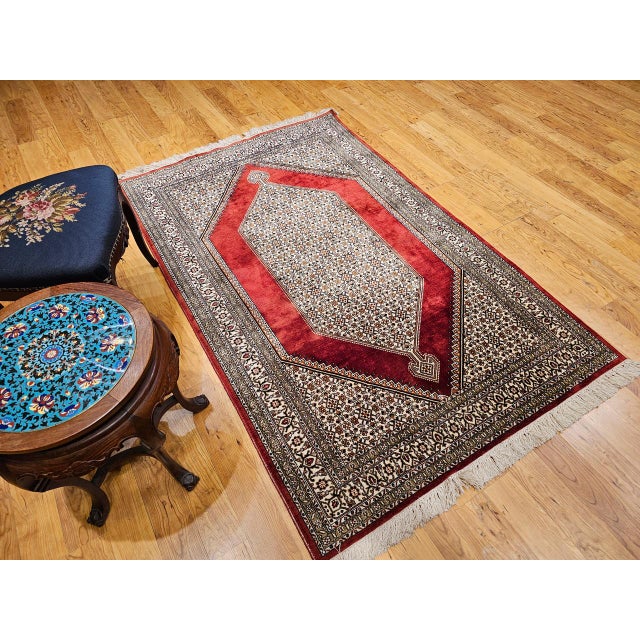 Vintage Persian Qum Area Rug, Hand-Knotted Silk, Herati Medallion Pattern, Ivory & Red, 4x6 For Sale In Chicago - Image 6 of 16