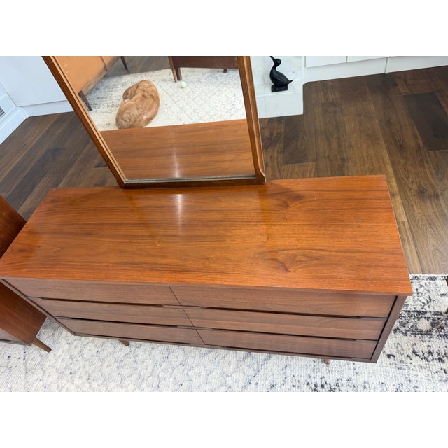 1960s Mid Century Modern Walnut Lowboy Dresser With Mirror For Sale - Image 4 of 7