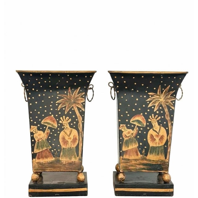 Pair Vintage Chinoiserie Tole Covered Urns For Sale In Savannah - Image 6 of 13